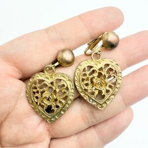 Vintage Gold Filigree Heart Clip-On Earrings